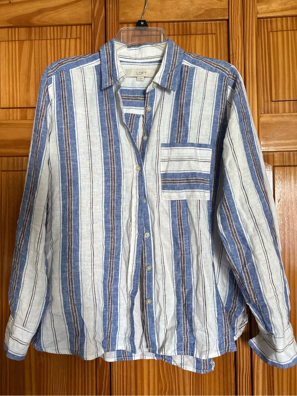 LOFT Striped Linen Blend Button-Down Shirt – Size